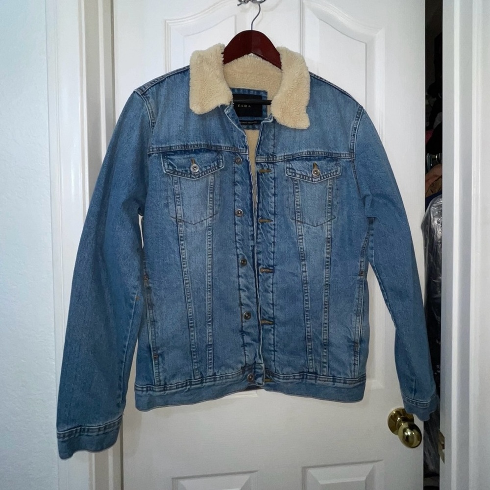 Zara Blue Denim Jacket with Cream Collar